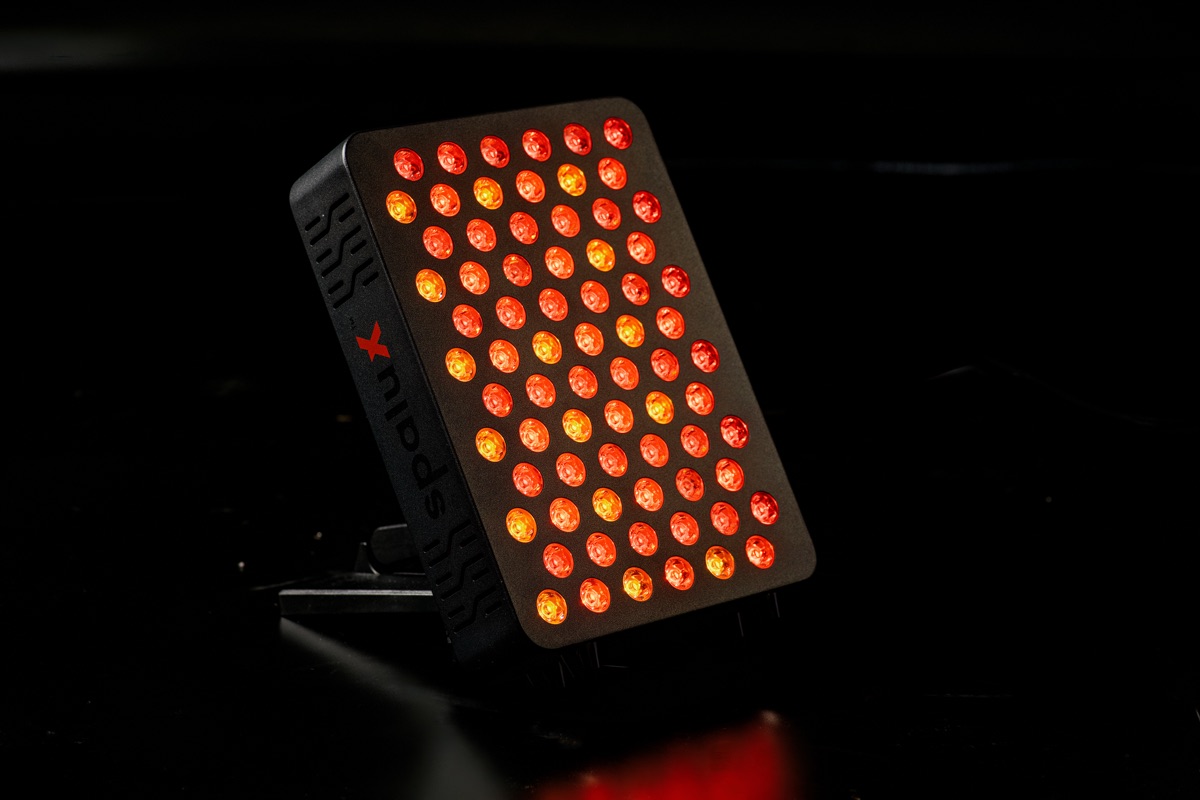 Close-up of the Spalux Glow panel’s lit LED array on its stand